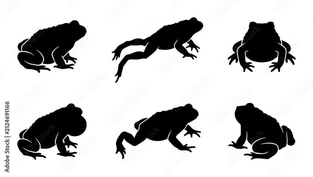 Obraz premium Six Black Frog Silhouettes, Amphibian Vector Icons, Wildlife Animal Graphics, Nature Elements