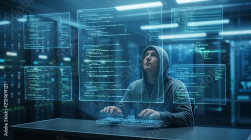 Artificial Intelligence and Advanced Coding Software for Automation with a Programmer Working in a Futuristic Data Center Server Room Environment with Holographic Digital Interfaces.