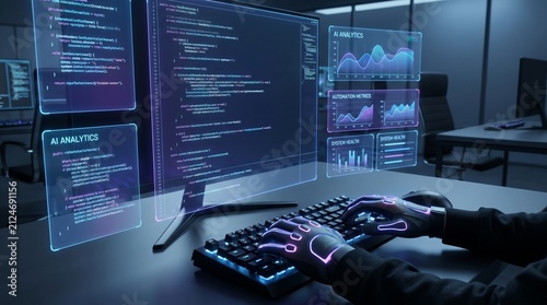 Artificial intelligence software development and automated coding with futuristic holographic interface screens showing data analytics and cybernetic haptic gloves for programming innovation.