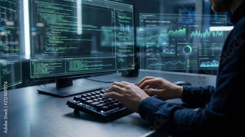 Professional software developer working on artificial intelligence and automation systems using advanced coding and programming techniques on multiple monitors with complex data visualization.