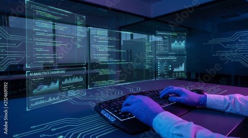 artificial intelligence ai coding software programming automation concept with developer hands typing on keyboard and futuristic holographic data analytics dashboard interface screens display