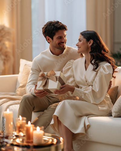 Elegant couple exchanging premium holiday gift in luxury living room showcasing Black Friday gifting and quiet festive warmth