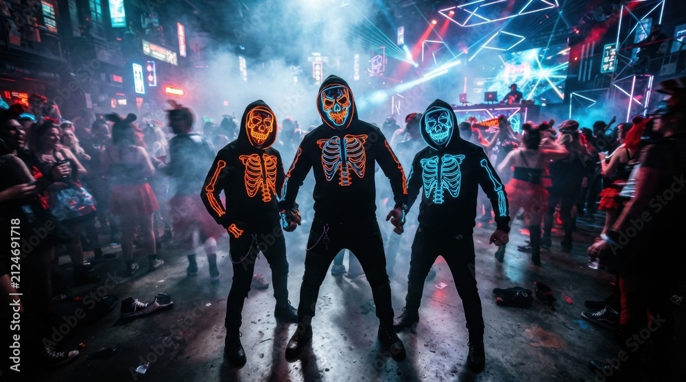 Fototapeta premium Group of glowing neon skeleton dancers at Halloween party