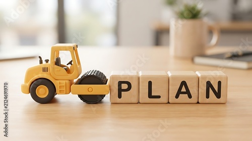 Construction planning with wooden blocks and toy bulldozer. Business strategy concept using 3D model for project development and execution.