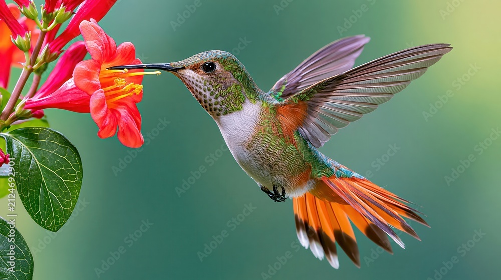 Fototapeta premium Hummingbird hovering mid flight sipping nectar from red flower wings spread vibrant colors