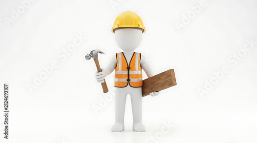 Construction worker holding tools and blueprints. Skilled builder with safety helmet and work plans for industrial project.