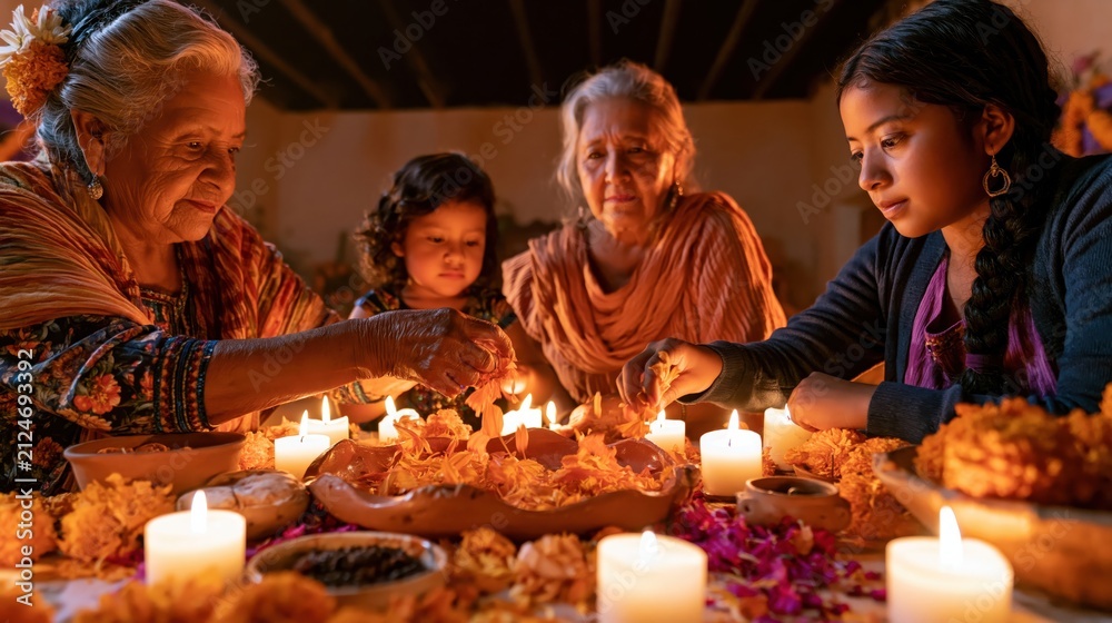 Obraz premium Family decorating altar de muertos with marigolds and candles during Day of the Dead celebration