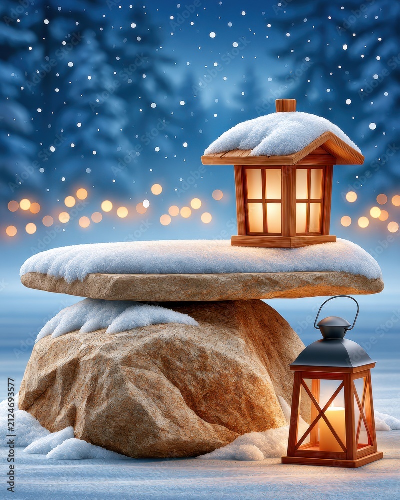 Fototapeta premium Snow-covered stone pedestal with glowing lanterns in twilight winter forest