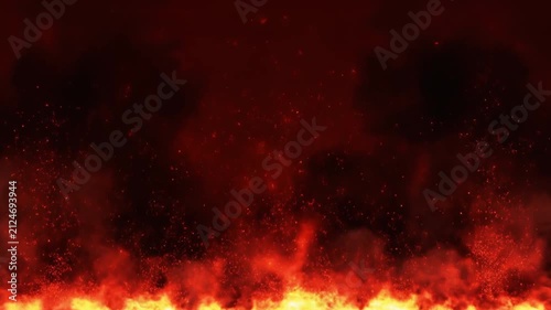 Realistic Fire Flames and Flying Embers on Dark Red Background