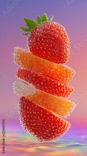 Strawberry and orange slices stacked and suspended with effervescent bubbles over rippling water, vibrant fresh fruit suggesting a natural, refreshing summer drink