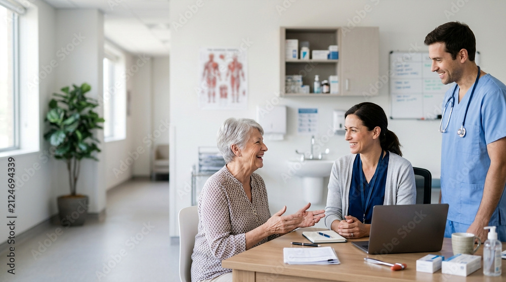 Fototapeta premium Happy medical staff consulting with a senior patient in a bright hospital clinic room