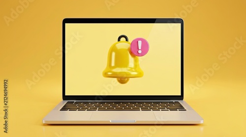 Laptop screen displaying a notification bell icon with an exclamation mark.