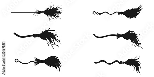 Rustic witch broom silhouette pack, spooky Halloween broom vector collection