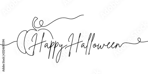 Happy Halloween pumpkin continuous one line lettering, minimalist festive illustration