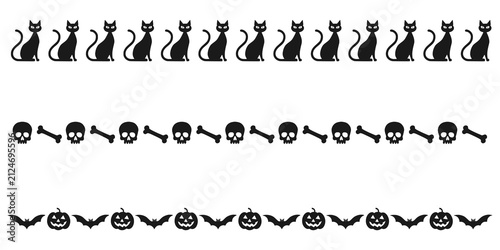 Halloween border vector set with black cats, skulls, bats and pumpkins