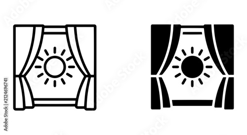 Sun Shining Through Curtains, Window View Icon Set, Bright Day Silhouette