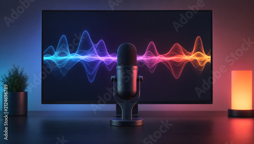 Studio microphone computer monitor sound wave colorful light home office podcast setup digital audio modern desk studio microphone front computer