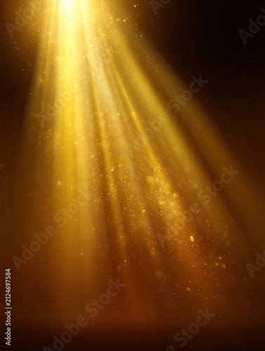 Golden light rays shining down, illuminating a dark background with sparkling dust particles, creating a mystical and ethereal atmosphere, symbolizing hope, divine presence, and spiritual awakening