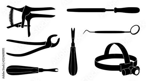 Bild auf Leinwand Veterinary equine dental tool icon set featuring horse speculum tooth forceps ex