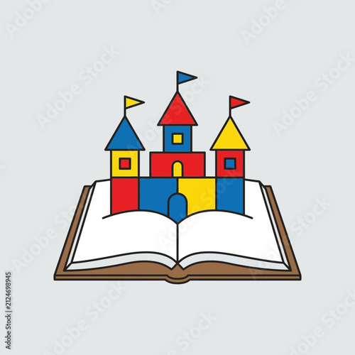 Creative educational illustration of an open book with a modular toy castle symbolizing imagination and storytelling.