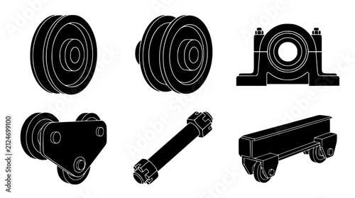 Фотография Industrial heavy duty crane wheels and trolley components icon set with pulley s