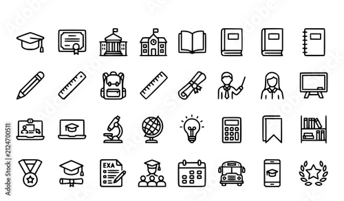 Education Outline Icon Collection with Graduation Hat Diploma University and Study Vector