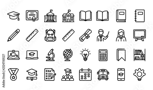 Graduation and Education Thin Line Icon Set with Cap Diploma School and Learning Editable Stroke Vector