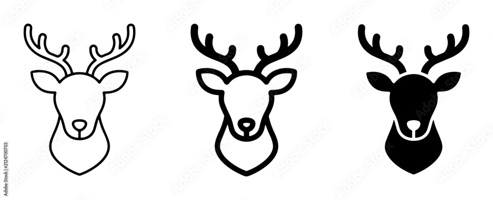 Obraz premium Deer Head Icons, Vector Set: Outline, Silhouette, and Filled Styles for Wildlife and Holiday Themes