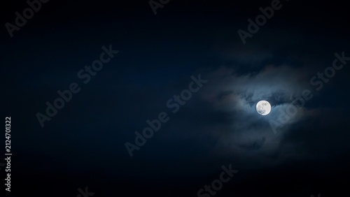 A bright full moon glowing in the dark night sky surrounded by soft wispy clouds, capturing a serene and atmospheric celestial scene with deep blue tones and a prominent circular lunar light source