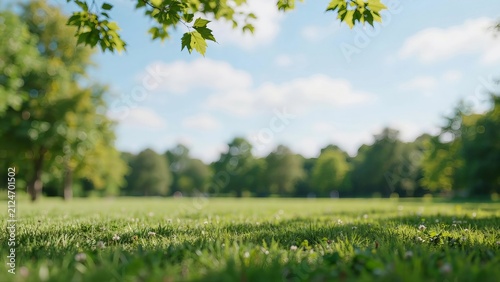 A low angle view of a lush green park lawn with soft focus trees in the background, and vibrant green, leaves hanging from, above, creating a, peaceful and refreshing, outdoor summer atmosphere