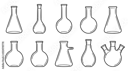 Foto Scientific Laboratory Flask and Chemistry Glassware Linear Vector Icon Set Featu