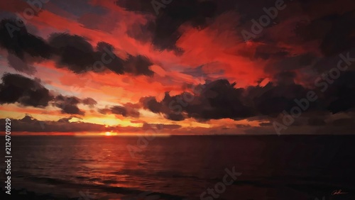 Dramatic sunset over the ocean with deep red and orange clouds filling the sky above a dark calm sea horizon, captured in a painterly style with rich textures and vibrant atmospheric light effects