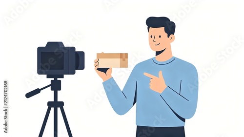 Male blogger showing parcel product in front of camera for goods promotion, live sales flat vector illustration
