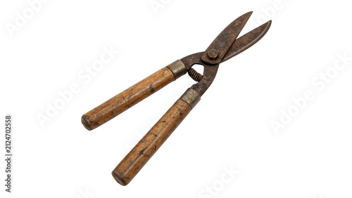 Fotografie Old vintage rusty metal garden pruning shears isolated on transparent background