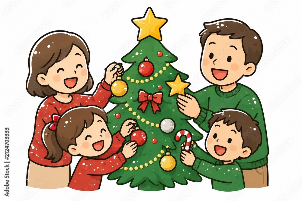 Fototapeta premium 笑顔の家族がクリスマスツリーを飾り付けする幸せなホリデーシーズンイラスト