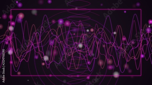 Abstract digital sound wave frame with glowing purple particles and neon lights on dark background