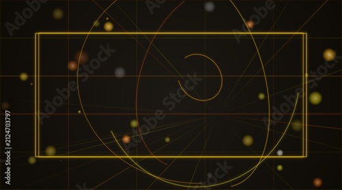 Foto Abstract golden frame with glowing circles and light particles on a dark black b