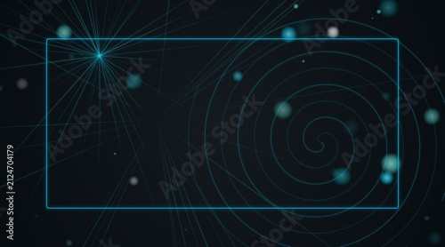 Glowing blue frame with digital lines and light dots on a dark background for abstract tech design
