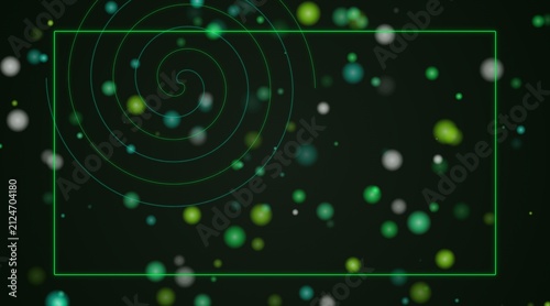 Abstract digital background with green neon spiral lines and glowing bokeh particles in darkness