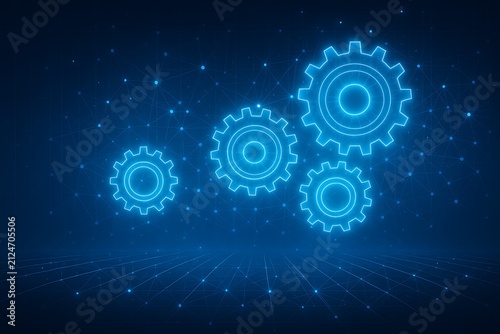 Engineering and business mechanism concept displaying luminous blue mechanical gear icons linked across electronic node paths for automated system development.