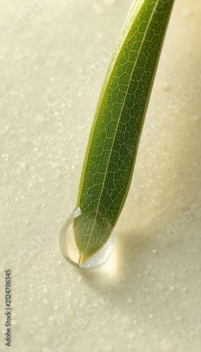 Macro shot of fresh green botanical leaf with water droplet over creamy glowing surface