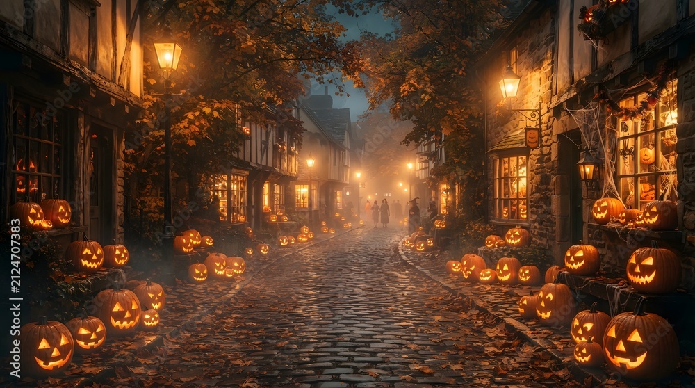 Fototapeta premium A magical cobblestone street decorated with glowing jack o lanterns at night perfect for a spooky and atmospheric halloween wallpaper for your digital desktop background