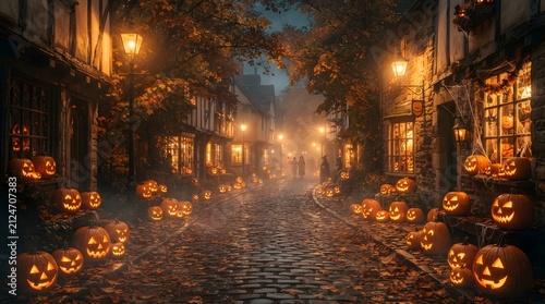 A magical cobblestone street decorated with glowing jack o lanterns at night perfect for a spooky and atmospheric halloween wallpaper for your digital desktop background