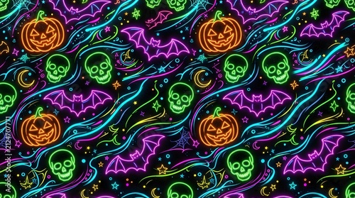 Neon halloween pattern with pumpkins skulls and bats