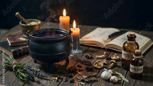 A black witch cauldron with steaming purple potion on a rustic wooden table, surrounded by candles, dried herbs, old books, and glass bottles