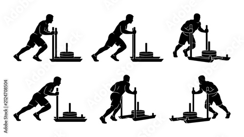 Bild auf Leinwand Fitness Sled Push Silhouettes, Strength Training Exercise Sequence, Gym Workout