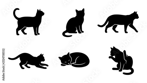 Obraz na płótnie Black Cat Silhouettes, Pet Poses Vector Set, Feline Animal Icons for Design