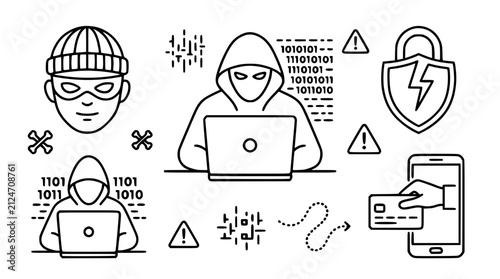 Fotografie Cyber Security and Hacker Line Icon Vector Set Featuring Anonymous Criminal Codi