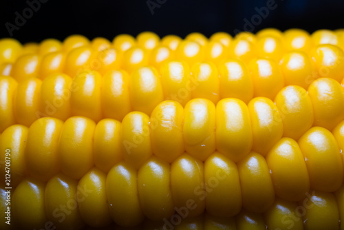 Fotografie Macro close-up of hot boiled sweet corn on the cob sprinkled with white sea salt crystals