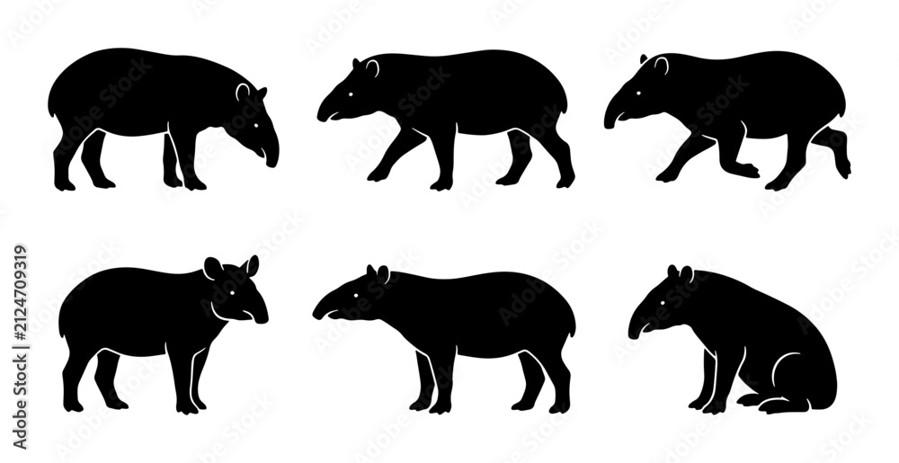 Fototapeta premium Six Black Tapir Silhouettes, Vector Graphics, Wildlife Animal Poses, Mammal Icons